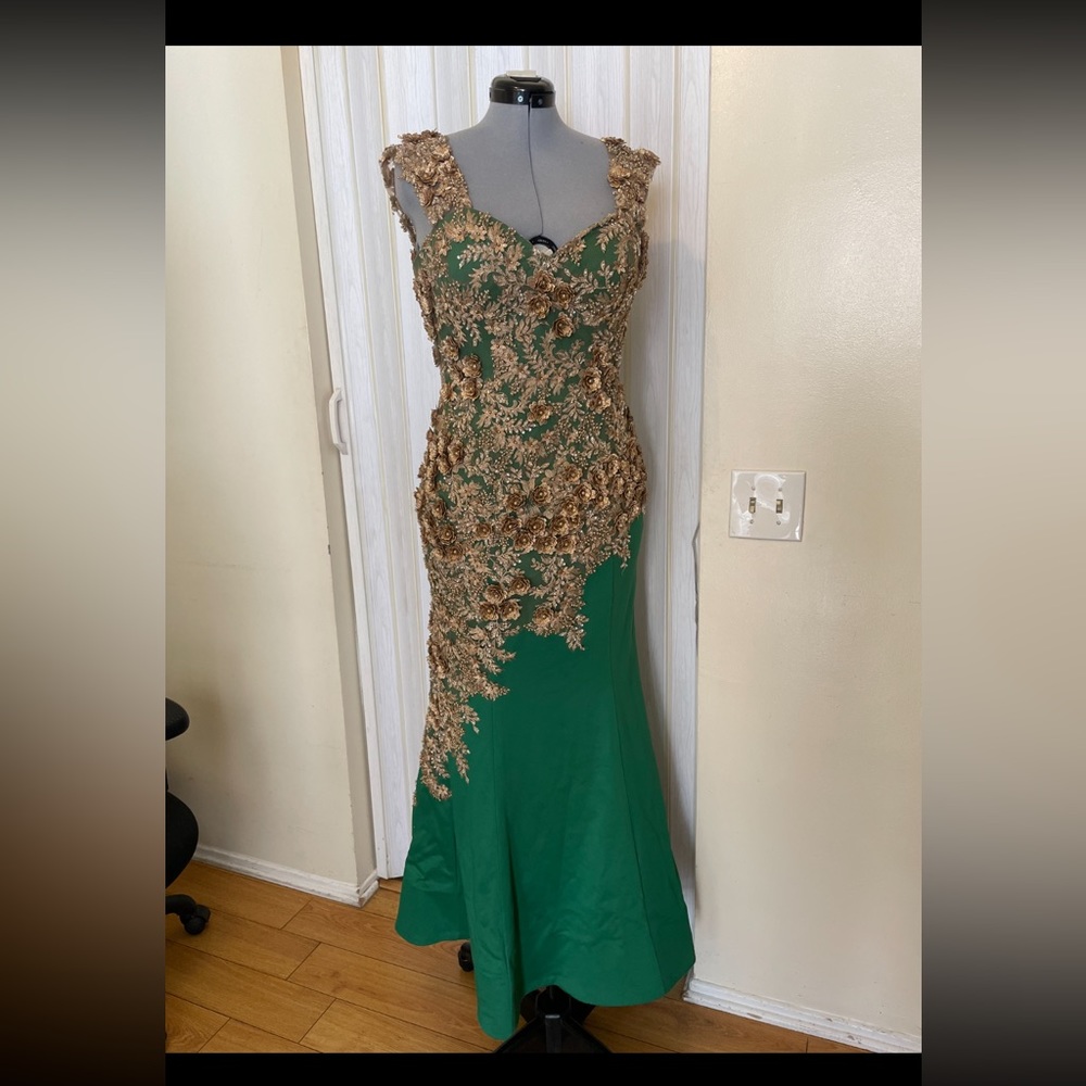 Green gown , with hand sewn gold flower embellishments/lace